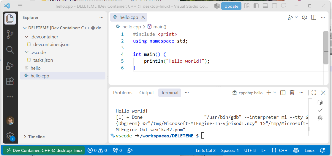 Image of VS Code showing output of program in Terminal tab