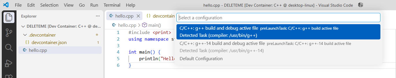 Image of selecting g++ compiler
